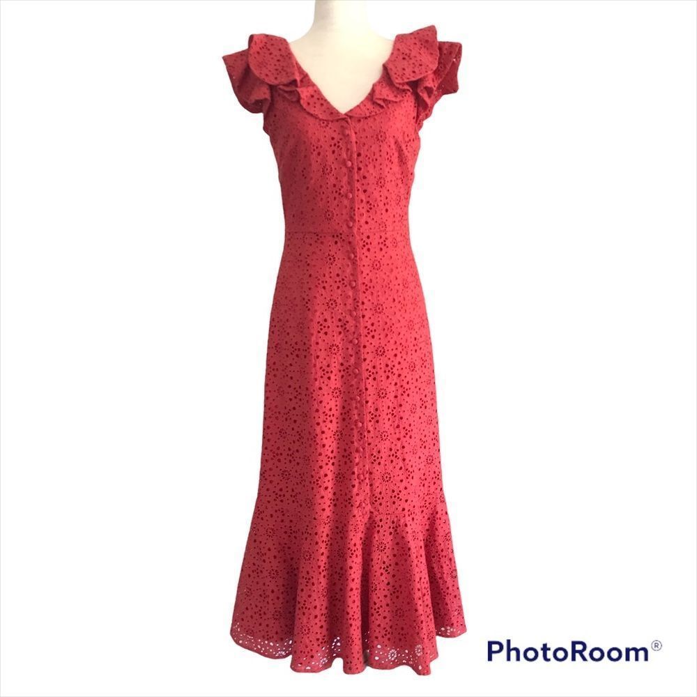 ANTONIO MELANI Cotton Eyelet Midi Dress Button Front Sleeveless Coral Size 4 New